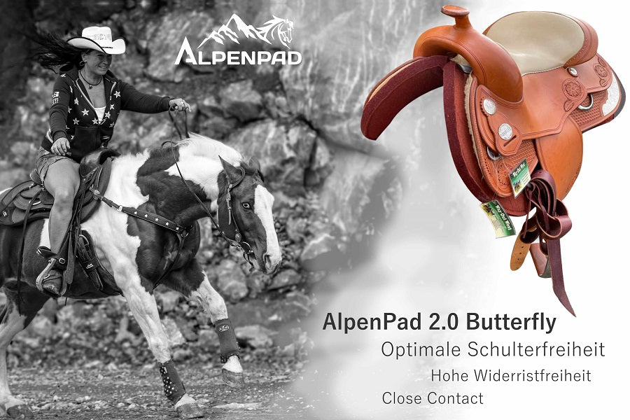 AlpenPad 2.0 Butterfly Pad – maximale Widerrist & Schulterfreiheit – Grau / helles Leder